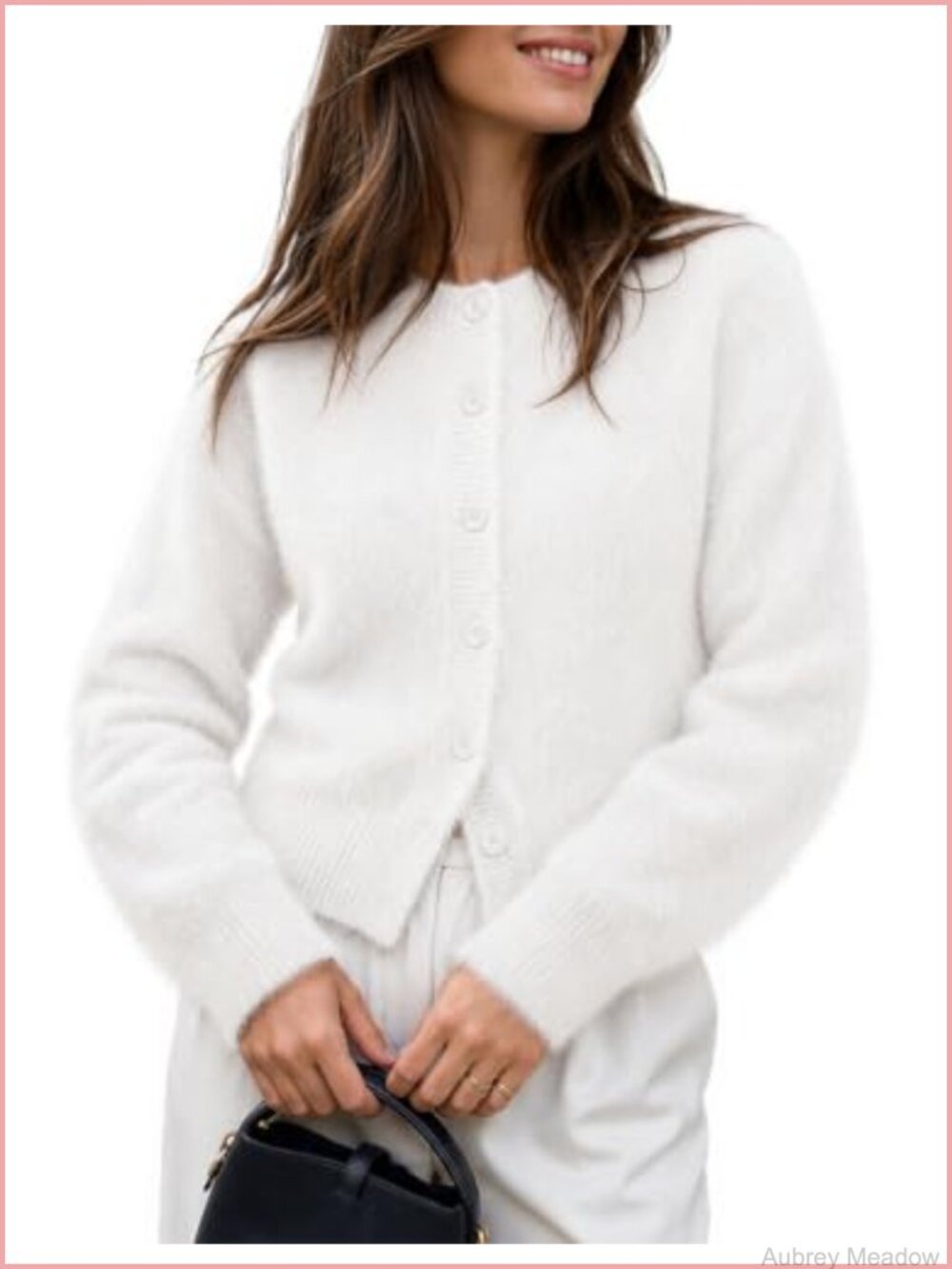 Women's Fuzzy Button Cardigan Long Sleeve Crew Neck Cropped Sweater